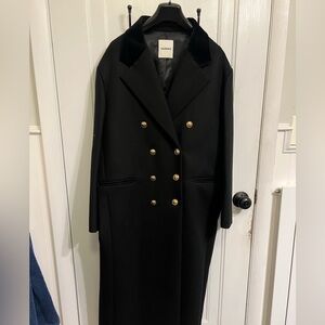 NWT Sandro Double-Breasted Black Wool Full-Length Coat with Gold Buttons, Velvet